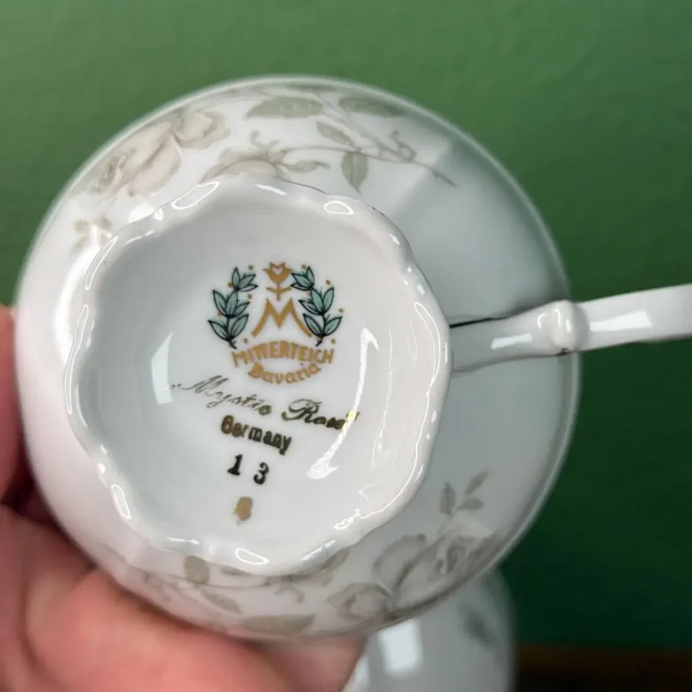 Vintage Mitterteich Mystic Rose Porcelain Tea Cup Set with Creamer